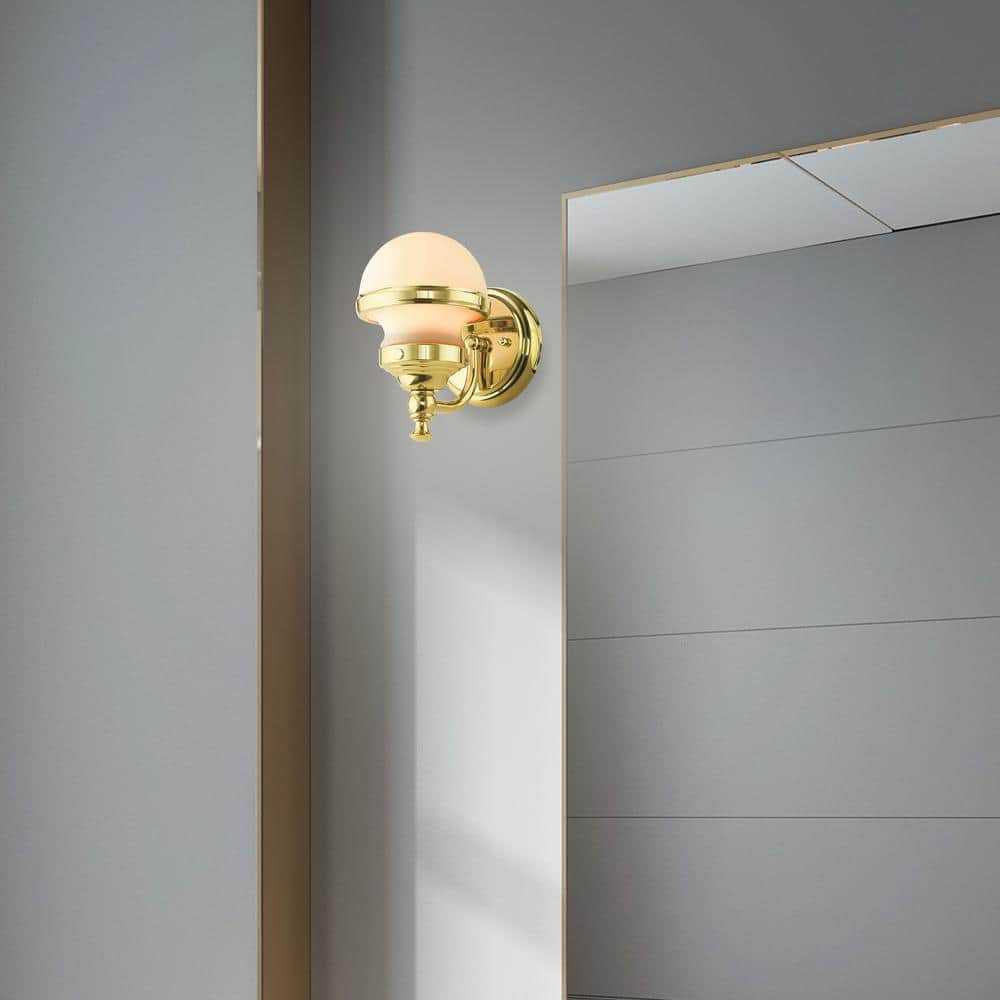 Oldwick Polished Brass 1-Light Sconce with Satin Opal White Glass