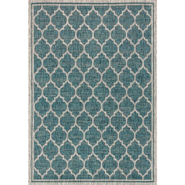 Trebol Moroccan Trellis Teal/Gray 5 ft. 3 in. x 7 ft. 7 in. Textured Weave Indoor/Outdoor Area Rug