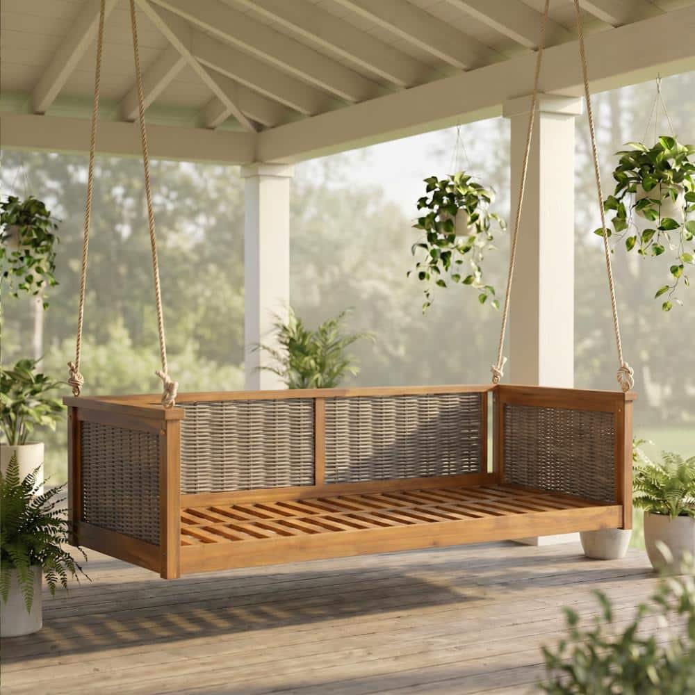 79.5 in. Teak Acacia Wood Twin Size Porch Swing Bed with Handwoven Rattan Panels and Hanging Ropes price history on PriceWatchPro