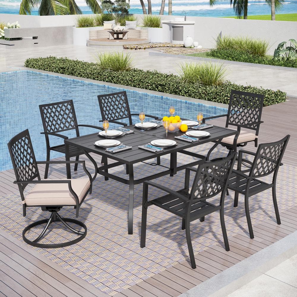 7-Piece Metal Patio Outdoor Dining Set with Slat Rectangle Table and 2 Elegant Swivel Chairs with Beige Cushions price history on PriceWatchPro