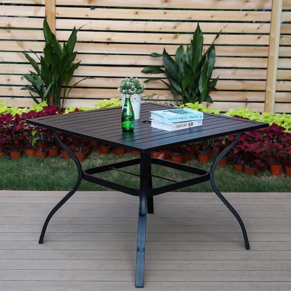 Phi Villa Black Slat Square Metal Patio, Grace Round Metal Bar Height Outdoor Dining Tables