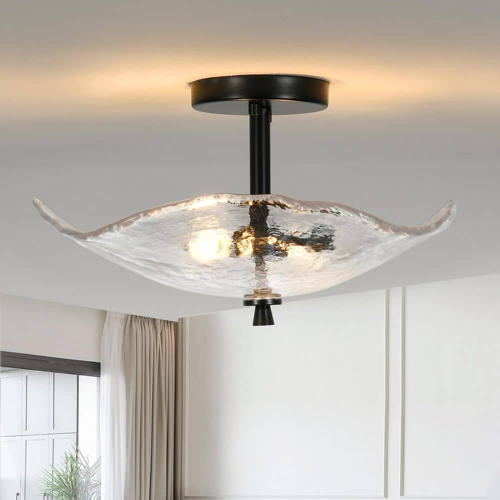 Modern 17 in. 2-Light Black Semi Flush Mount Ceiling Light with Water Ripple Glass Shade for Hallway Kitchen Island price history on PriceWatchPro