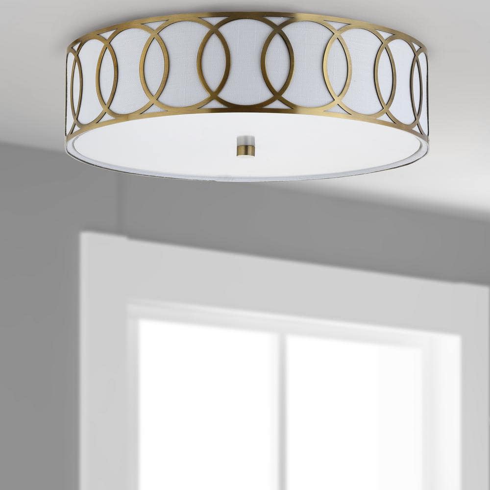 Aubrey Brass Gold 15.5" Drum LED Flush Mount with Linen Shade