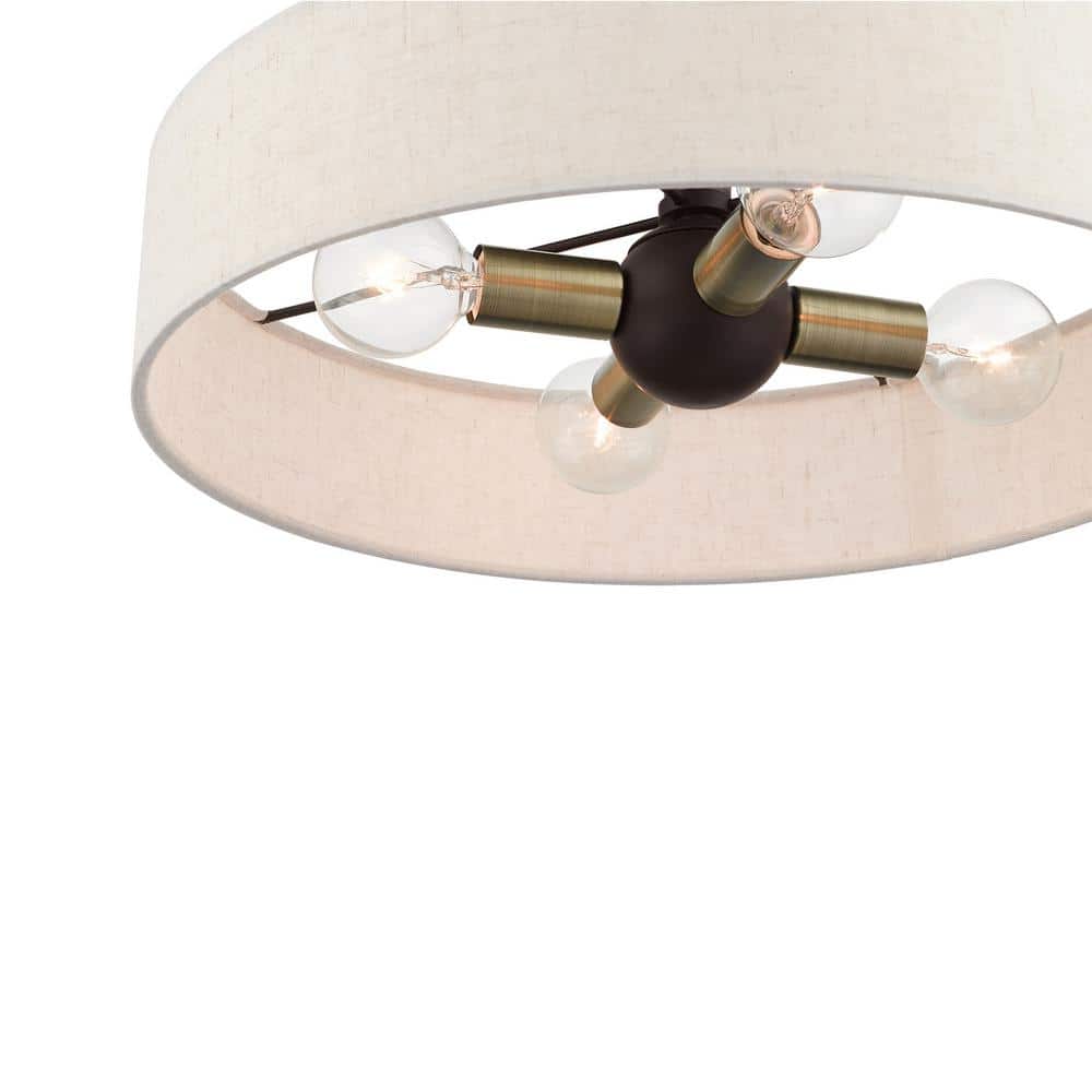 Bronze Antique Brass 4-Light Drum Semi-Flush Mount with Oatmeal Shade