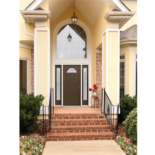 60 in. x 80 in. Left-Hand/Inswing Fan Lite Caldwell Decorative Glass Dark Chocolate Steel Prehung Front Door w/Sidelites