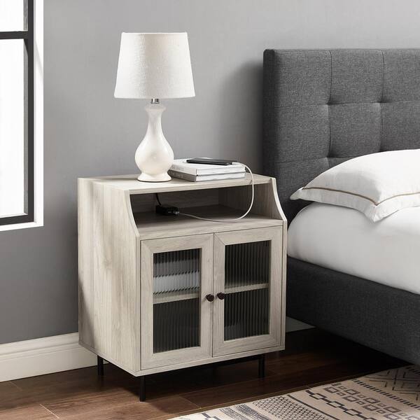 Welwick Designs Birch Wood and Fluted Glass 2-Door Nightstand with Mountable USB Port