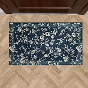 Aria Floral Border Chenille Dark Navy 2 ft. x 4 ft. Polyester Accent Rug