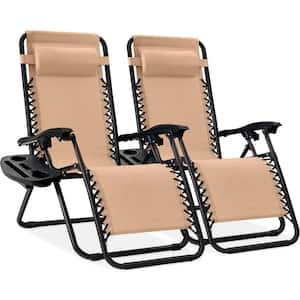 Beige Metal Zero Gravity Reclining Lawn Chair with Cup Holders (2-Pack)