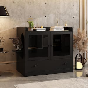 XL Large Cat Litter Box Furniture Hidden Cat Cabinet Nightstand Side Table with Large Drawer and Stairs for Rooms, Black