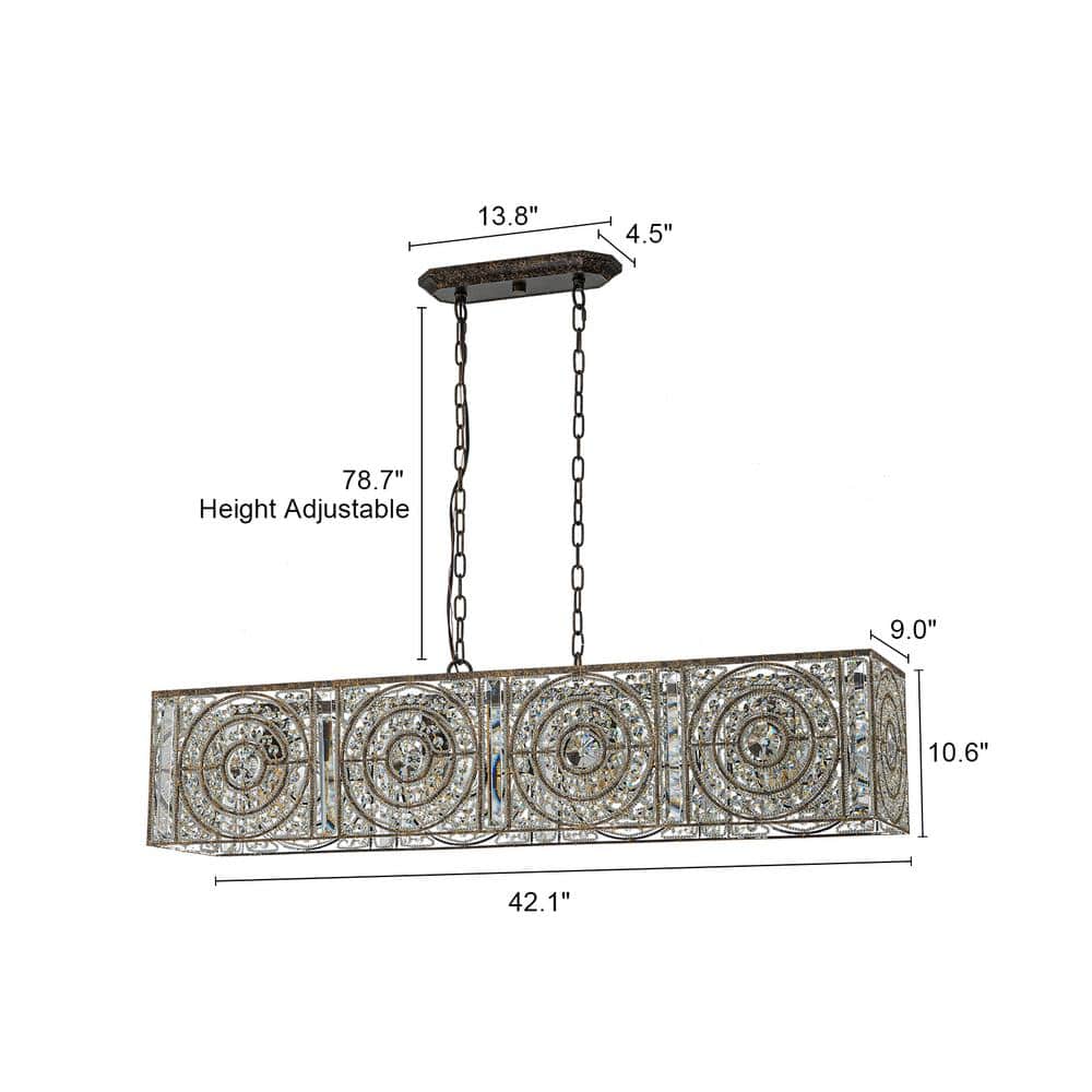 Vintage Bronze 42" Rectangle Crystal Chandelier with Metal Frame