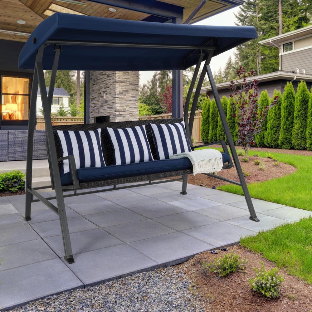 Flora Navy Blue 3-Seat Metal Patio Swing with Canopy and Striped Pillows