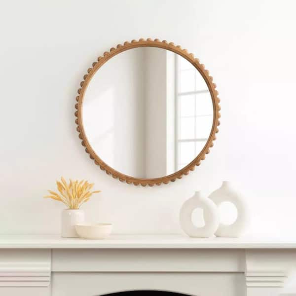 IDEAGLE 34 in. W x 34 in. H Round Brown Wood Framed Wall Mirror with Beaded Frame for Living Room Bedroom Entryway