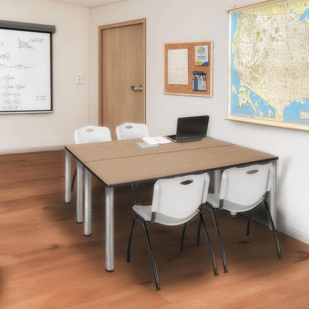 Kee 60 in x 24 in. Noble Oak Top Training Table Desk, Chrome Legs and 2 M Stack Chairs-Grey