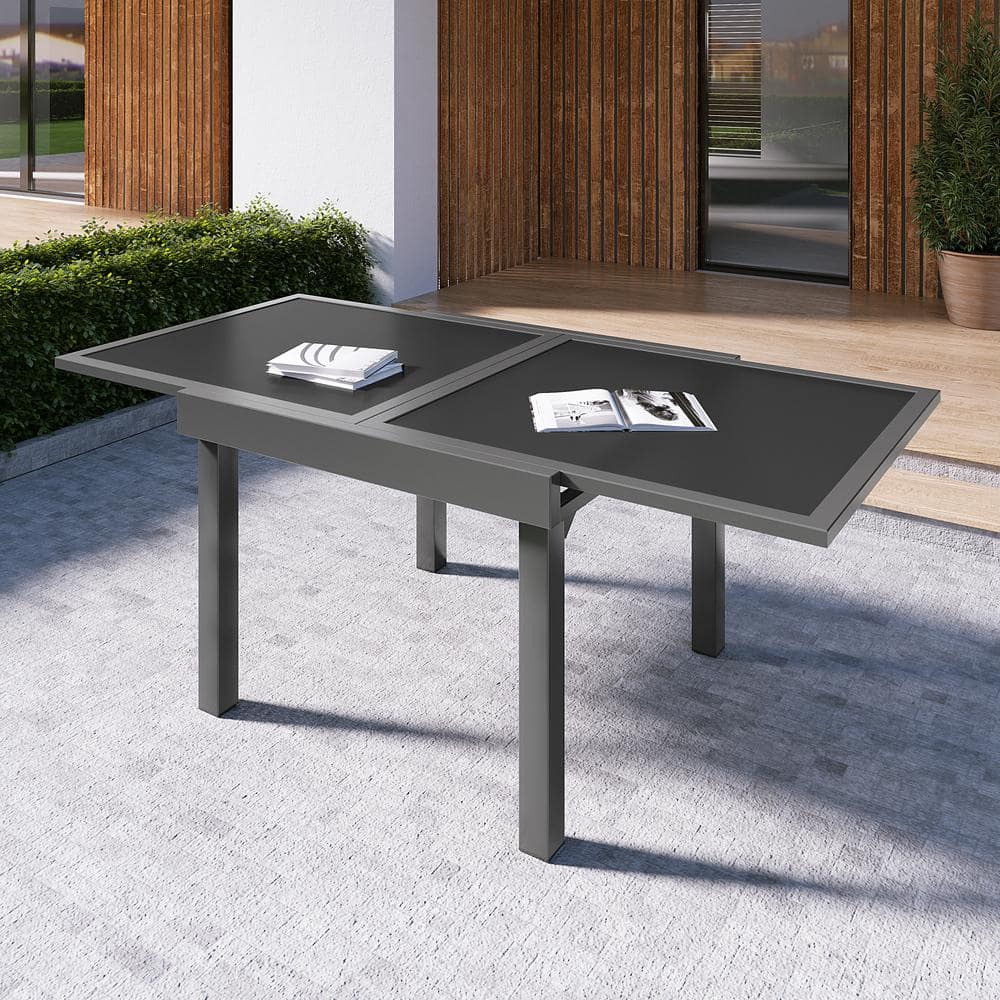 Outdoor Dining Table w/70.9 in. L Tempered Glass Tabletop Aluminum-Framed Extendable Dining Table for Patio in Dark Gray