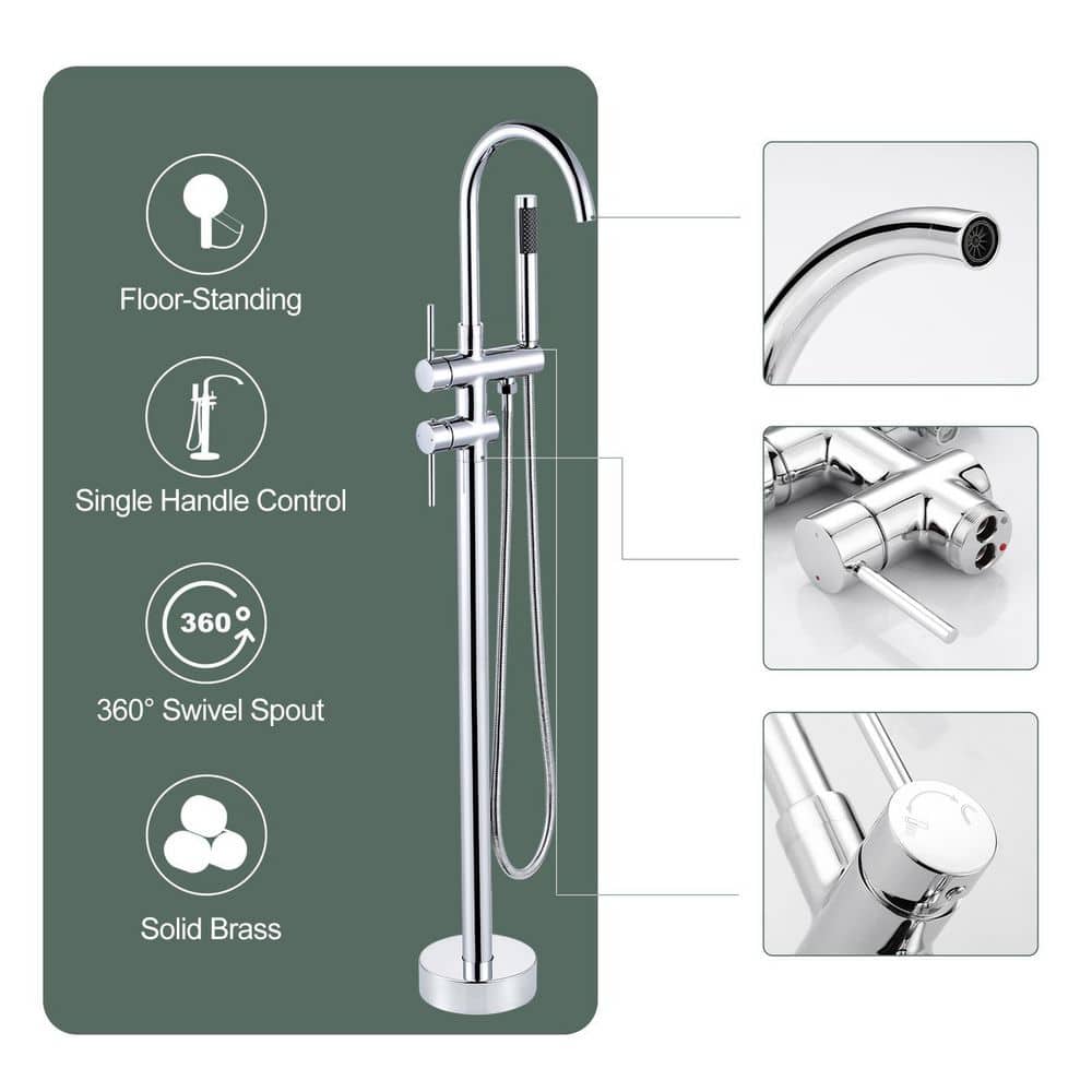 Chrome Double Handle Freestanding Tub Faucet with Handheld Shower