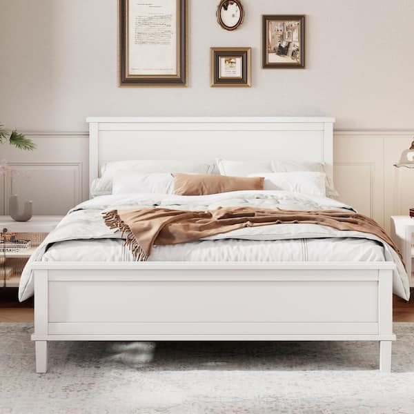 White Modern Wood Frame King Size Platform Bed with Sleek Headboard, Elegant Tapered Legs