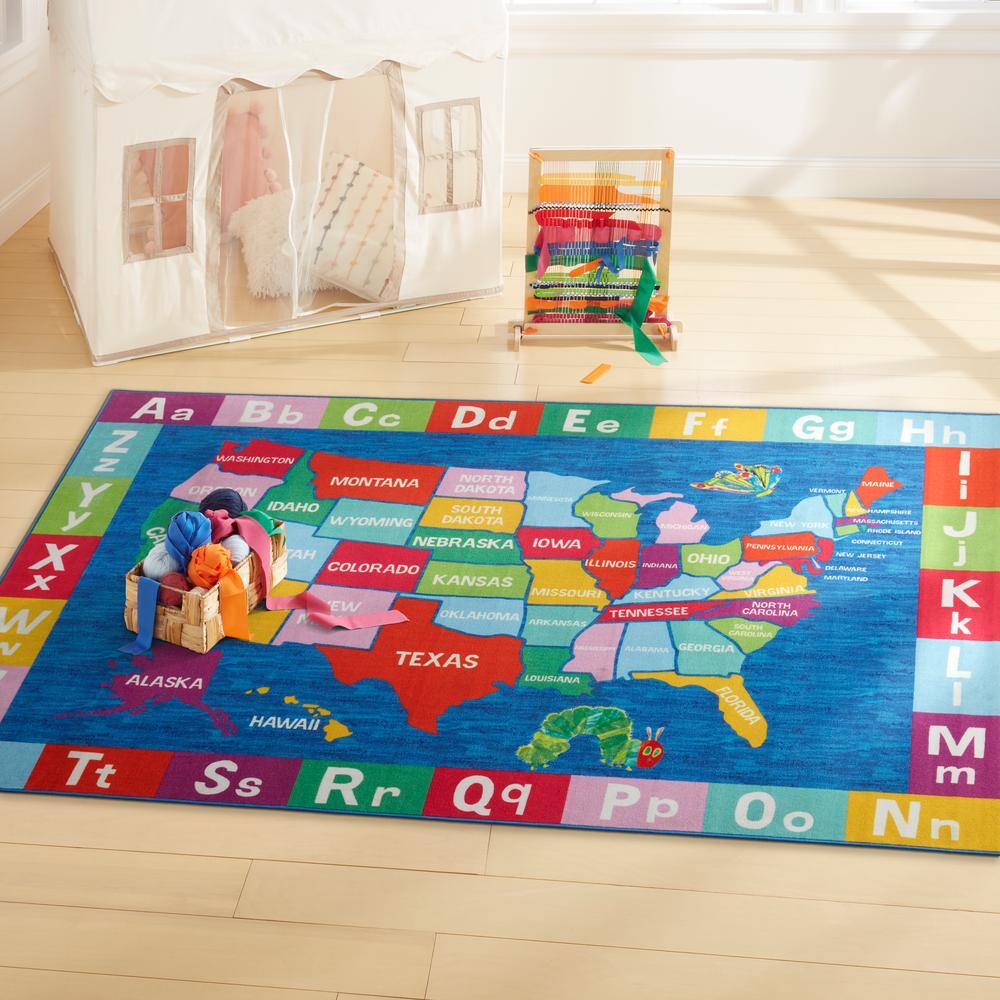 Eric Carle Blue USA Map Kids Washable Area Rug