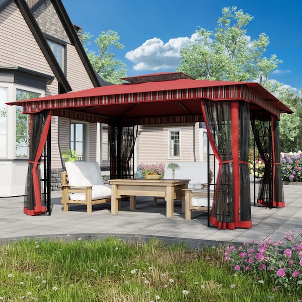 13 ft. x 11 ft. Red Outdoor Patio Steel Frame Gazebo with Mosquito Netting and Soft Top