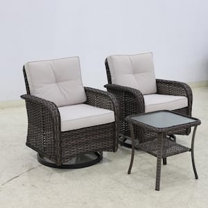 3-Piece Wicker Swivel Outdoor Rocking Chairs Patio Conversation Set with Cushions and Table