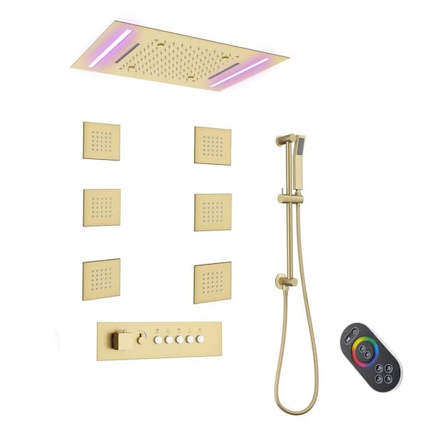 5-Spray Thermostatic Ceiling Mount Waterfall Dual Shower Head and Handheld Shower Head with Lifting Rod in Brushed Gold