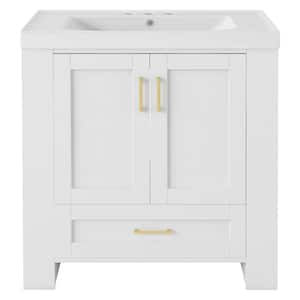 30 in. W x 18.1 in. D x 31.5 in. H Single Sink Bath Vanity in White with White Resin Top, Drawer and Tower Rack