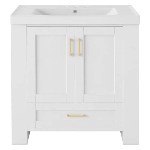 Virubi 30 in. W x 18.1 in. D x 31.5 in. H Single Sink Bath Vanity in White with White Resin Top, Drawer and Tower Rack
