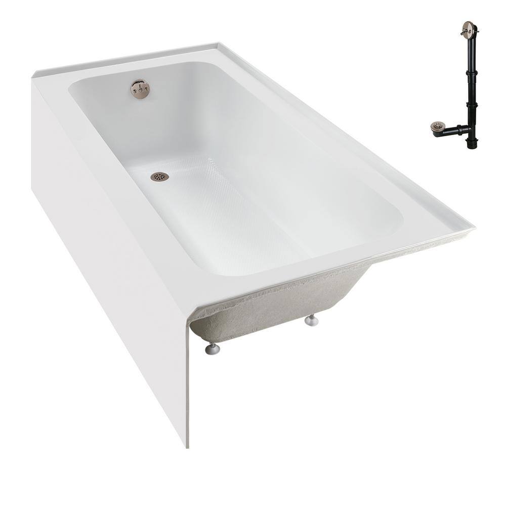 Glossy White Acrylic Rectangular Alcove Bathtub with Brushed Nickel Drain