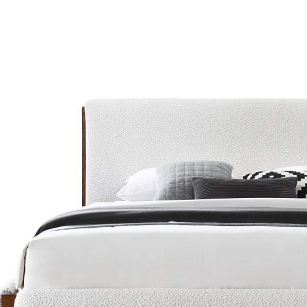 Sandro Queen Bed with White Boucle Upholstery and Walnut Frame