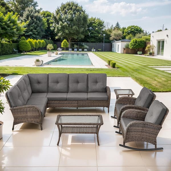 Brown 5-Piece Wicker Patio Conversation Sectional Seating Set with Gray Cushions and Rocking Chairs