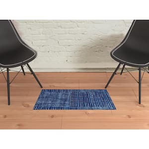 Navy Blue 2 ft. x 3 ft. Striped Washable Area Rug with UV Protection