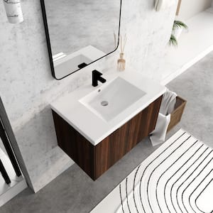 30 in. W x 18 in. D x 19 in. H Floating Bathroom Vanity in Dark Brown with Glossy White Resin Basin Top