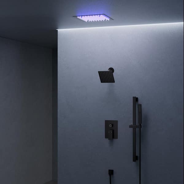 3-Spray Square 12 in. Rain Shower System with 6 in. Shower Head Handheld Shower in Matte Black 2.5 GPM