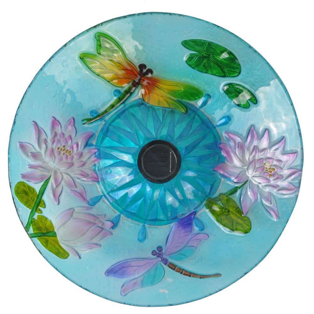 18" Light Blue Glass Dragonfly Solar Birdbath with Stand