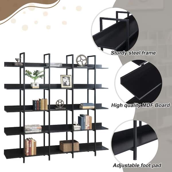 Industrial Style 70.9 in. Wide Black Finish 5 Shelf Open Bookcase with Metal Frame
