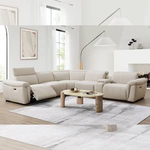 Dayana 122 in. Pillow Top Arm Chenille L-Shaped Reclining; Cup Holder Sofa in Beige