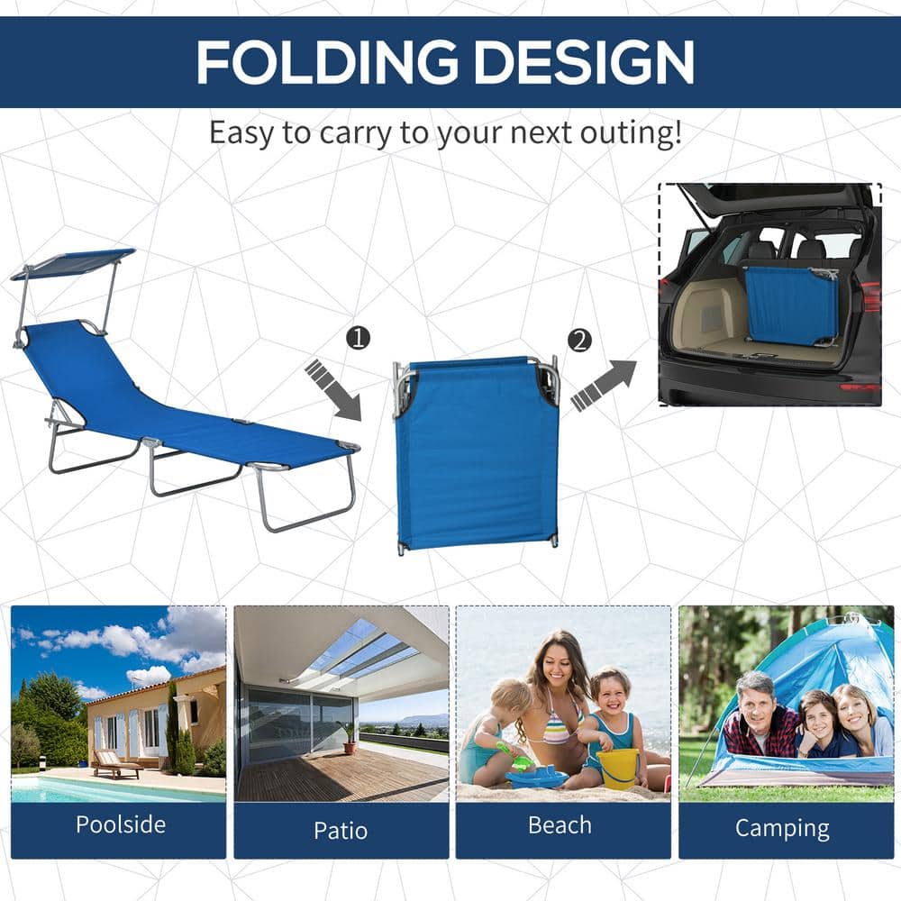 Blue Adjustable Folding Metal Outdoor Chaise Lounge with Sun Shade