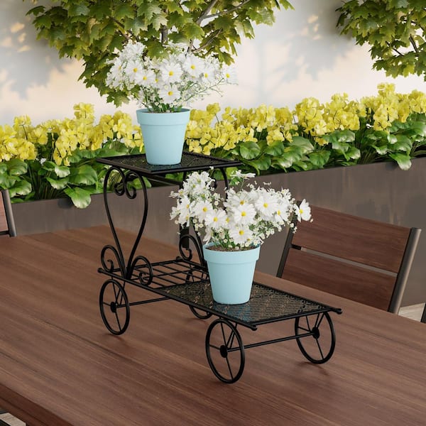 Pure Garden Plant Stand 2-Tiered Indoor or Outdoor Decorative Vintage Look Metal Garden Cart for Patio Home Black