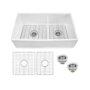 Farmhouse Apron Front Fireclay 33 in. 60/40 Double Bowl Kitchen Sink in White with Grids and Strainers