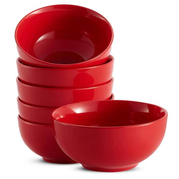 20 fl. oz. Red Ceramic Porcelain Cereal and Soup Bowls with Deep Interior, Microwave and Dishwasher Safe (Set of 6)
