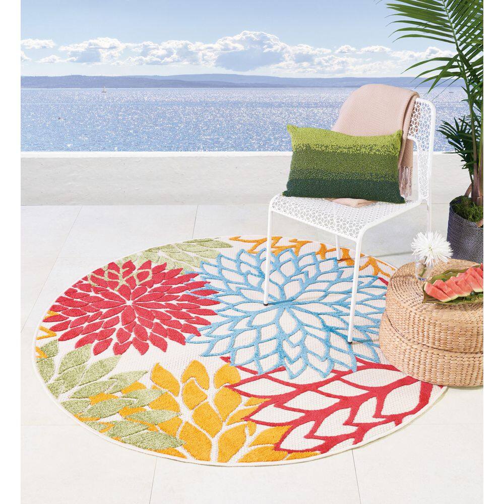 Green Floral Round Synthetic Flat Woven Area Rug