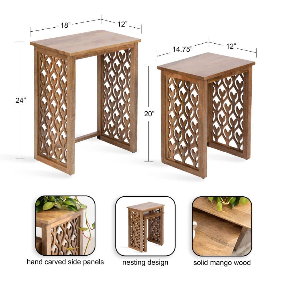 Natural Mango Wood Hand-Carved Nesting Tables, Set of 2