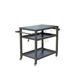 Outdoor Movable Grill Cart Table, Food Prep Table with 3 Storage Shelves, Wheels and Hooks and Stainless Steel Tabletop