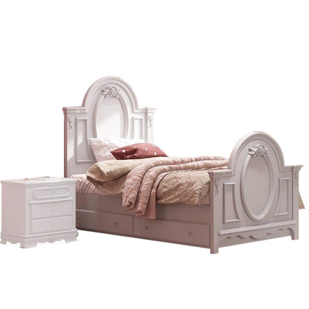 Flora Full White Upholstered Poster Bed with Wood Frame