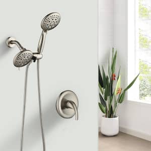 1-Handle 6-Spray Patterns 5 in. Wall mount Round Dual Shower Heads with Shower Hand in Brushed Nickel (Valve Included)