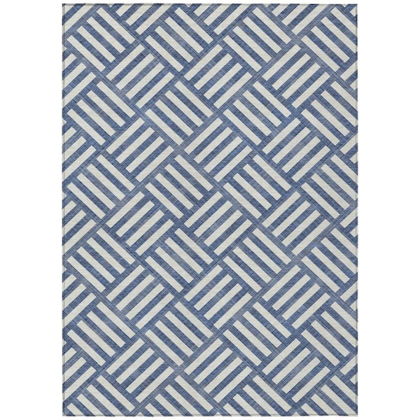 Navy Blue, Ivory 10 ft. x 14 ft. Woven Geometric Polyester Rectangle Indoor/Outdoor Area Rug