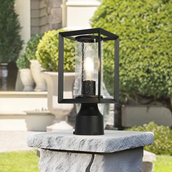 1-Light Black Metal Minimalist Outdoor Weather Resistant Pier Mount Light Post Lantern with LED Seeded Glass