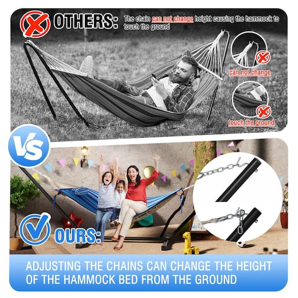 12 ft. Quilted 2-Person Hammock Bed with Stand and Detachable Pillow, Blue Stripes