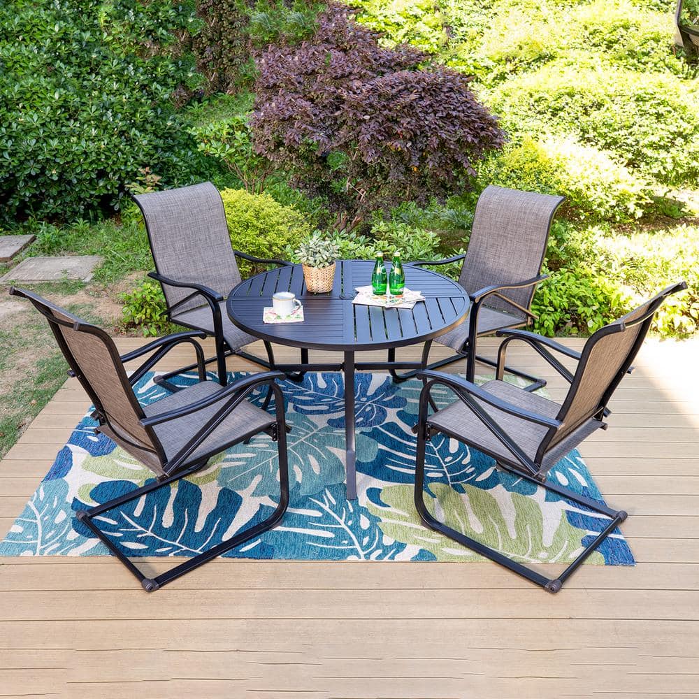 Black 5-Piece Metal Patio Outdoor Dining Set with Slat Round Table and Textilene C-Spring Chairs -  PHI VILLA, THD5-409-105S