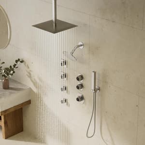 Multifunction Dual Shower System 12 in. 5-Spray Square High Pressure with Hand Shower in Brushed Nickel (Valve Included)