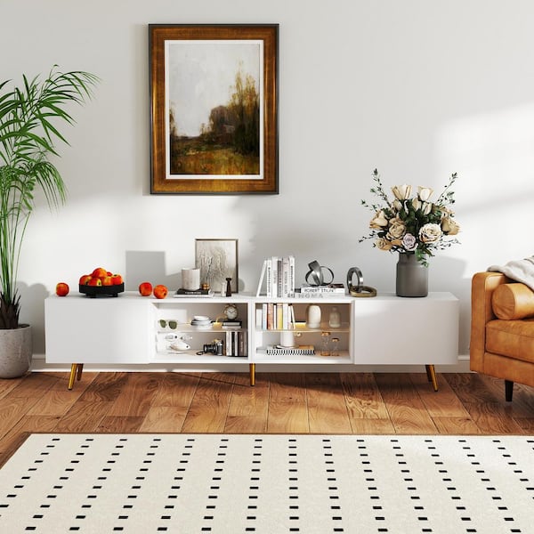 Modern Minimalist Series White TV Stand Entertainment Center Fits Up to 70 in. TVs With Lights and Metal Legs
